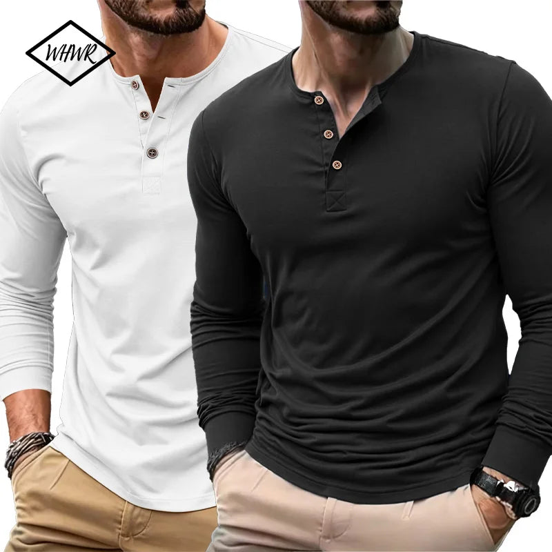 Spring Autumn Henley Neck T-Shirt Men Basic Breathable Men's Long