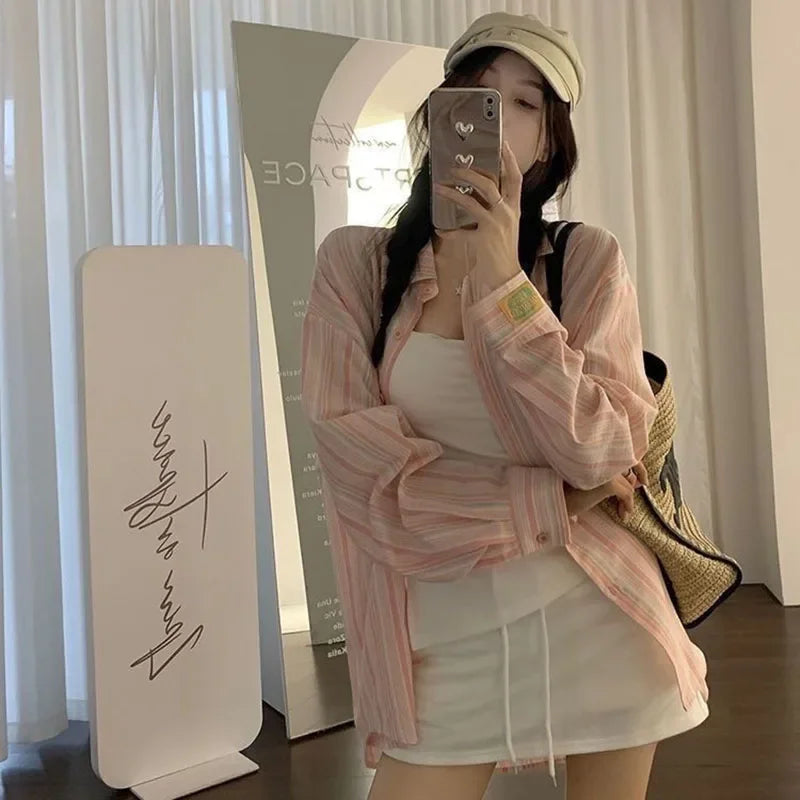 Pink Striped Shirt Women Korean Style Loose Long Sleeved Button Up