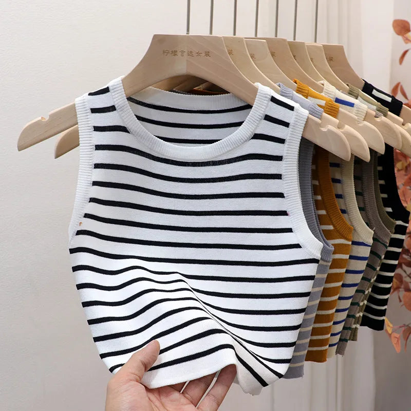 2026 Summer Striped Cami Top Sleeveless Ice Silk Knit Tank Top Women