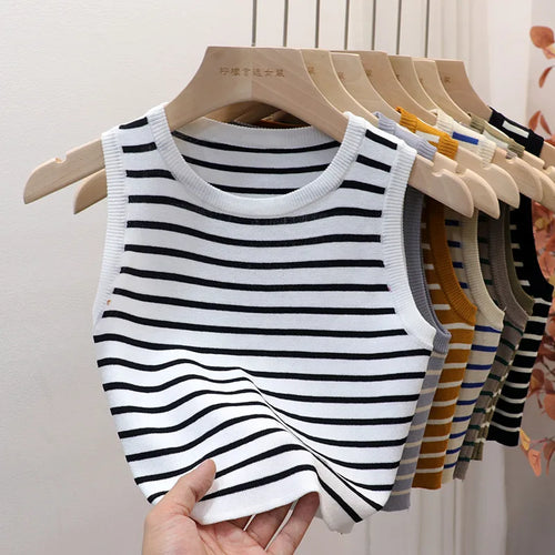 2026 Summer Striped Cami Top Sleeveless Ice Silk Knit Tank Top Women