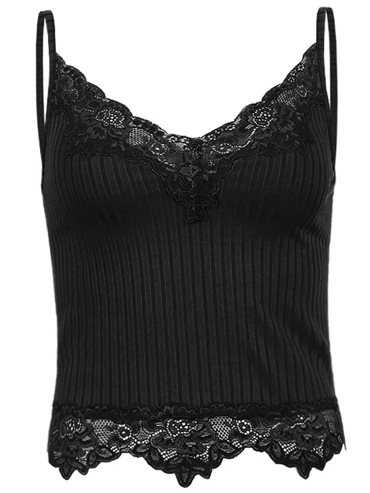 Gothic Basic Bodycon Women Camis Grunge Punk Black Casual Lace Trim