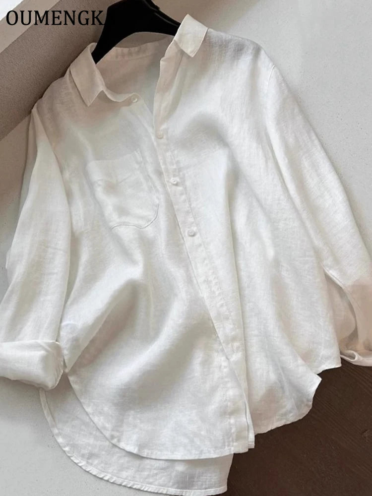 Women Minimalist Loose Tops Fashion Summer Thin Cotton Linen White