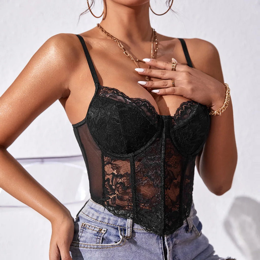 French Sexy Lace Underwire Rhomboid Fishbone Crop Top Backless Hottie