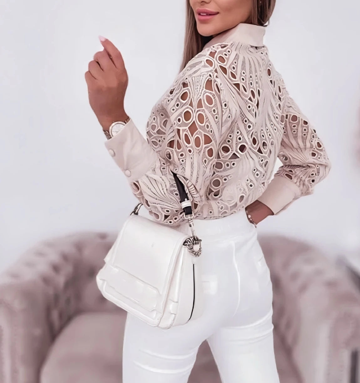 Women's Blouses Hollowed Out Long Sleeved Shirt Casual Solid Button Up