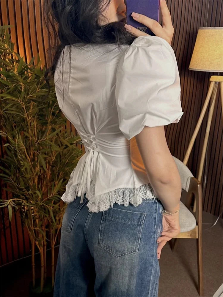 Tossy White Lace Lace-Up Shirts Top Women Short Sleeve Fashion