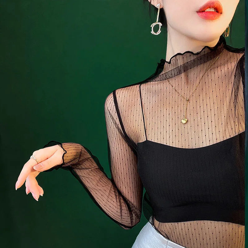NEW Lace Perspective Women Top Slim Fit Mesh T-Shirts Turtleneck Sheer