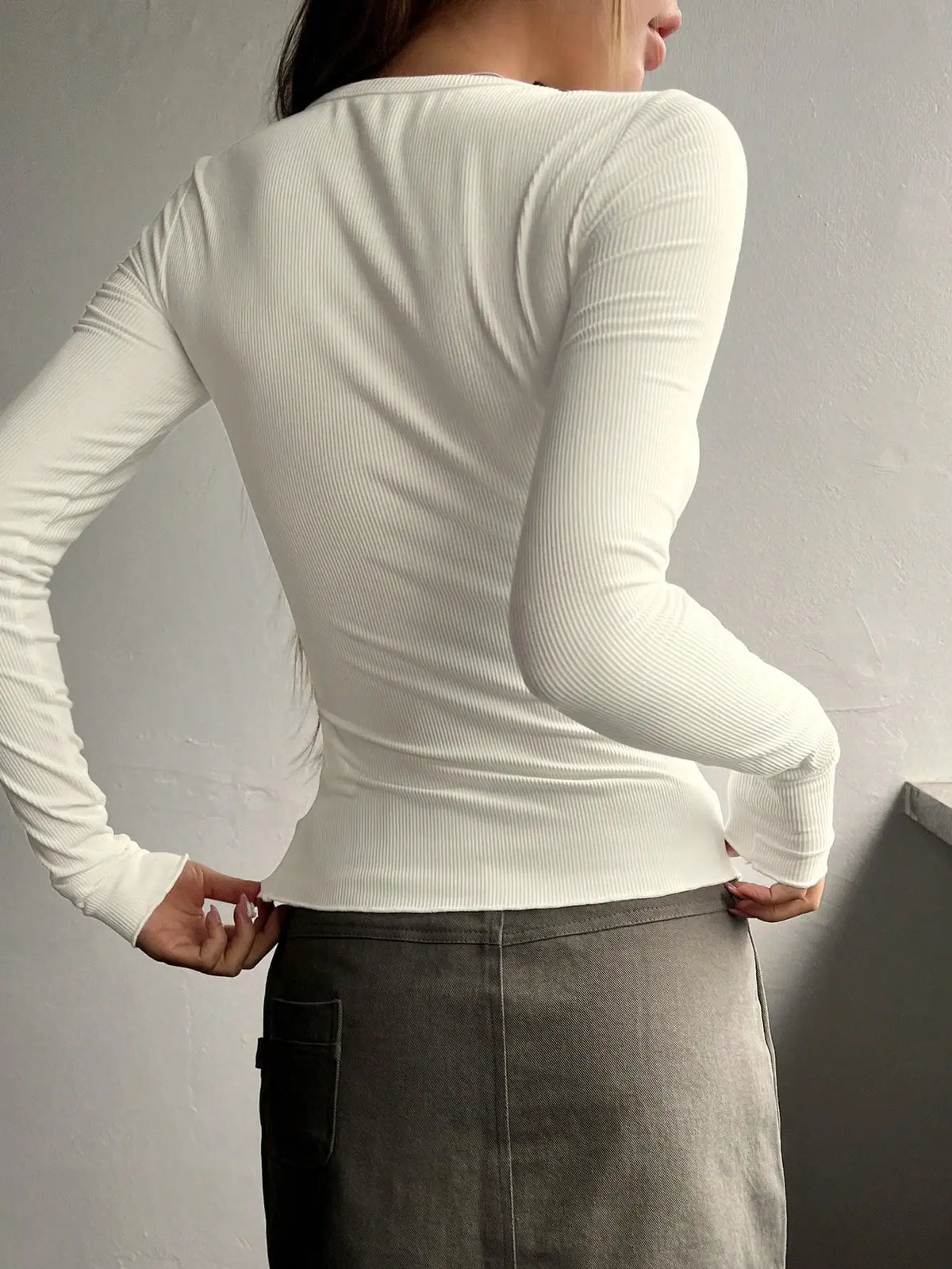 Women's Plain Half Button Front Ribbed Tee, Fashion Top, Casual Fit