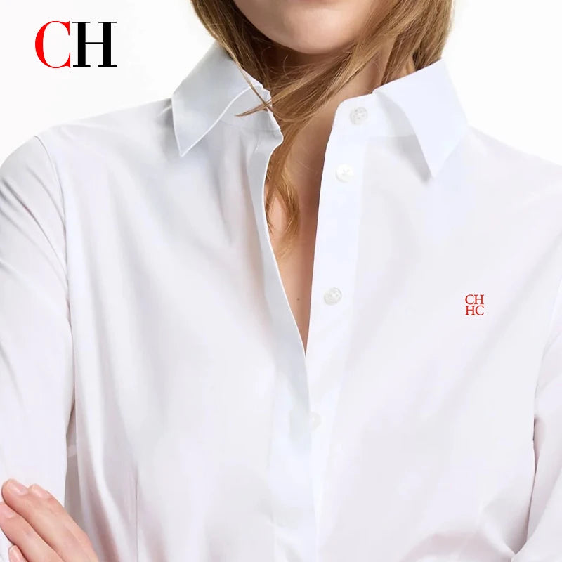 CH Letter Embroidered Solid Color Long Sleeve Shirt Women Point Collar