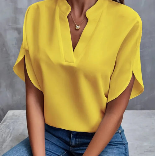 Women Elegant Solid V Neck Blouse Casual Short Sleeve Loose Shirt