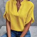 Women Elegant Solid V Neck Blouse Casual Short Sleeve Loose Shirt
