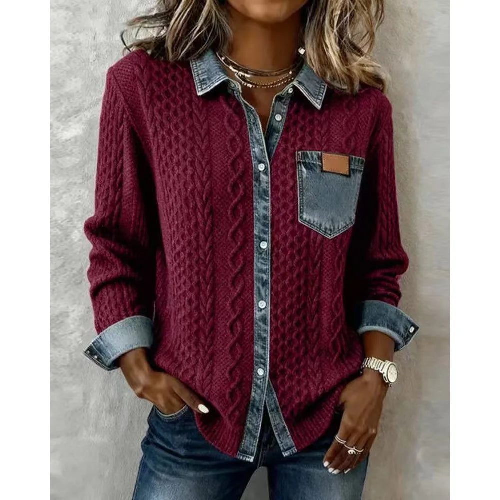 Women knit Denim Shirt Coat Overshirt Vintage Blouse Single Breasted