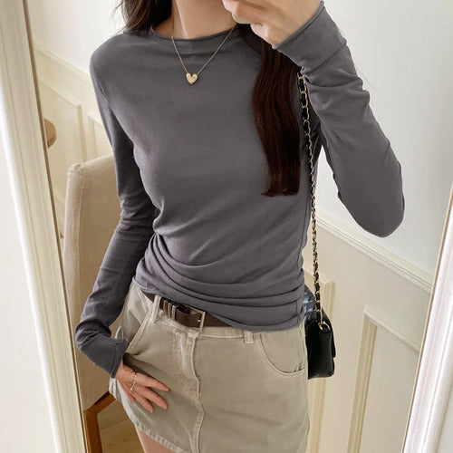 2024 Spring Autumn T shirt Women Tops Solid Slim Fit Long Sleeve O