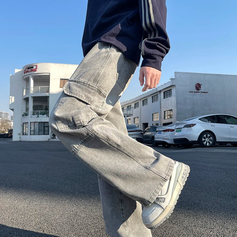 2025 new men's cement grey work jeans Y2K street hip-hop large pocket