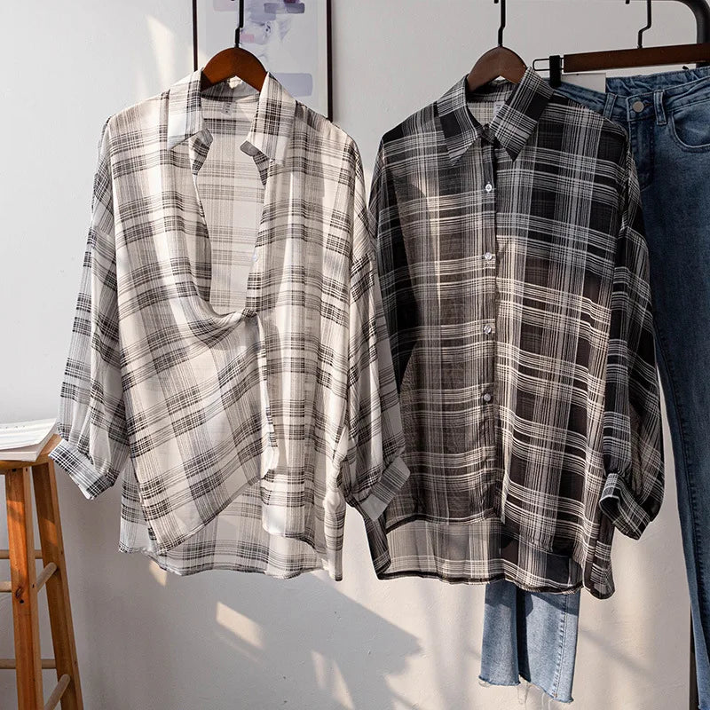 Sheer Chiffon Plaid Shirt for Women Ovesized Collared Button-down