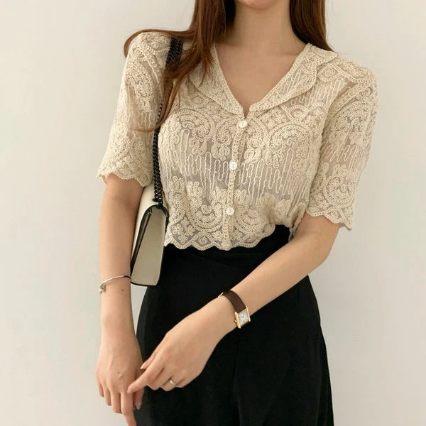 Sheer Embroidery Lace Blouse Cover Up Top Short Sleeve Button Front