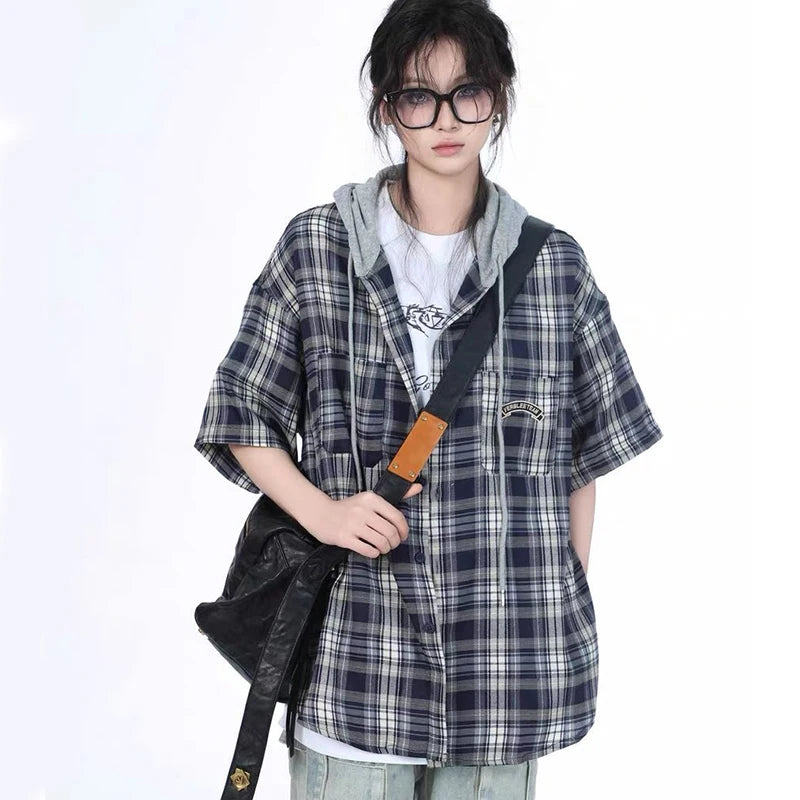 Harajuku Plaid Hooded Shirt Women Vintage Short Sleeve Y2K Bf Blouse
