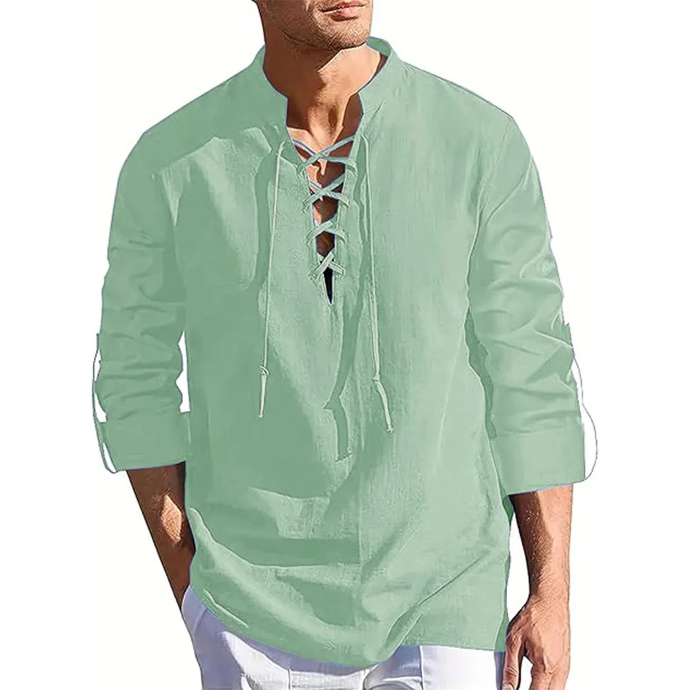 Mens Long Sleeve Pirate Henley Collar Shirts Drawstring Cotton Linen