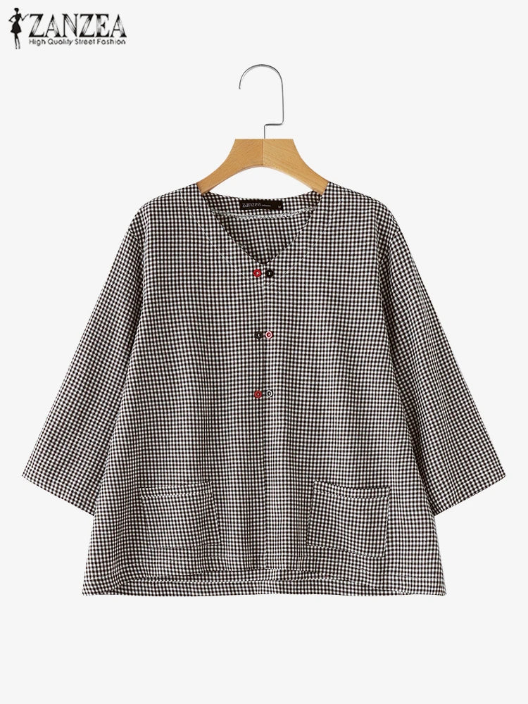 Casual Loose Women Blouse ZANZEA Summer Round Neck Shirt Checked