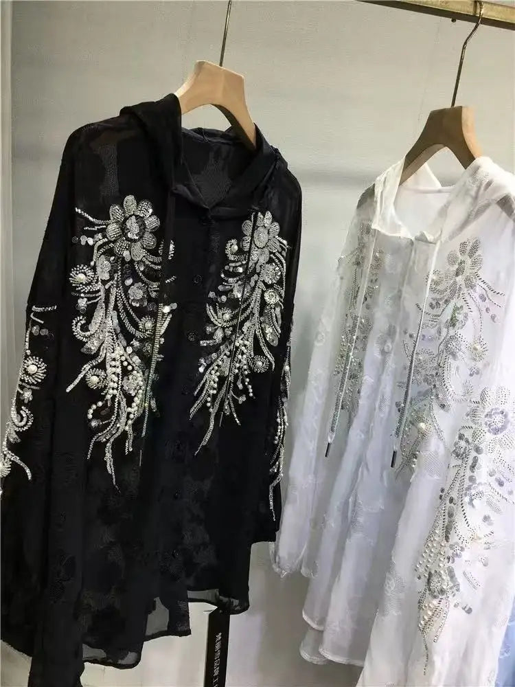 Luxury Style Loose Casual Mid-length Hooded Sunscreen Shirts Blouses