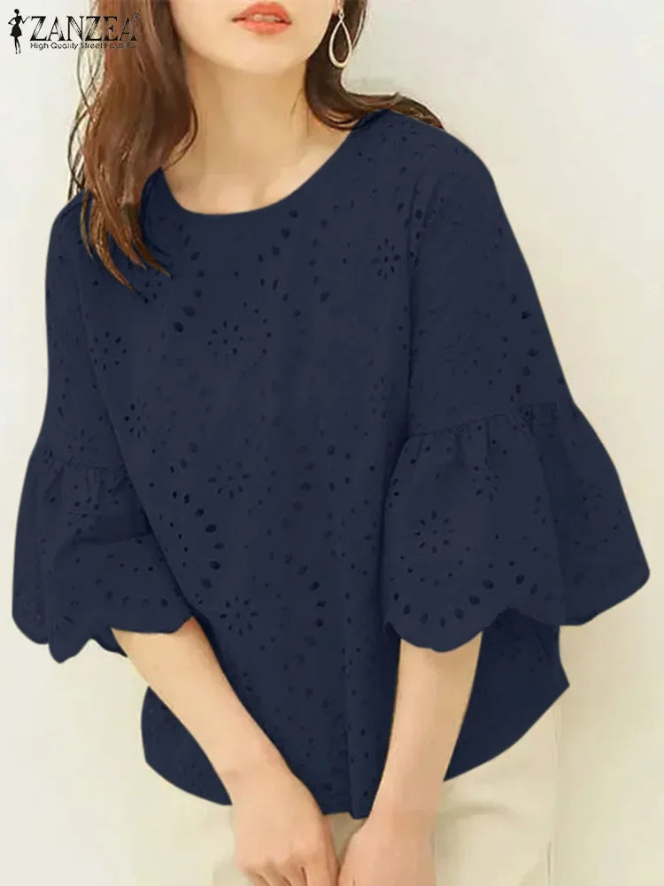 ZANZEA 3/4 Ruffle Sleeve Loose Blusa Women Hollow Out Lace Patchwork