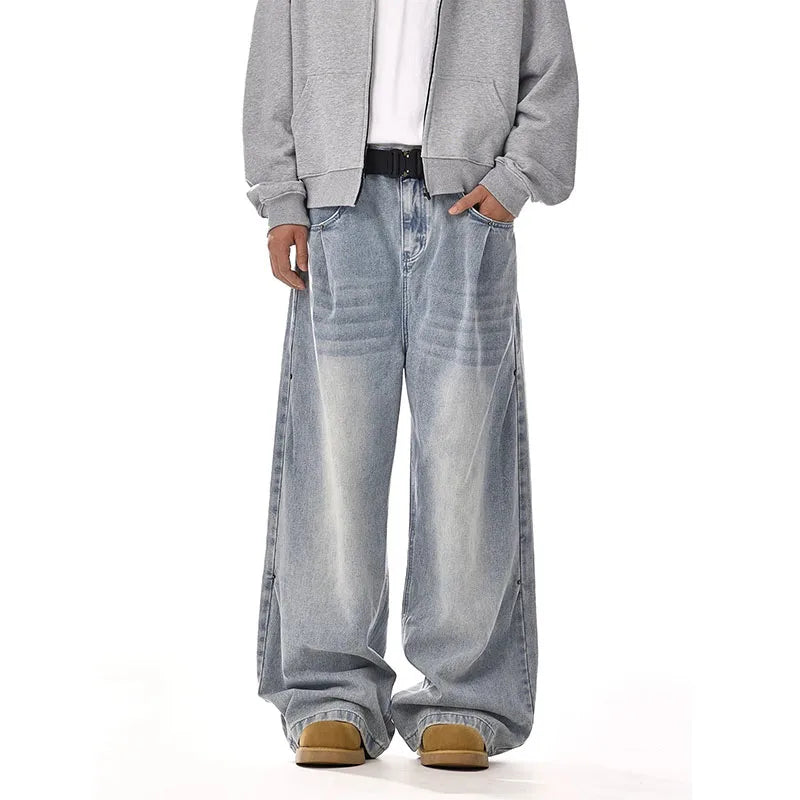 New Korean Retro Men'S Jeans High Street Straight Leg Pants Loose