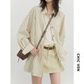 CHIC VEN Women Shirt Single Breasted Loose Casual Vertical Striped