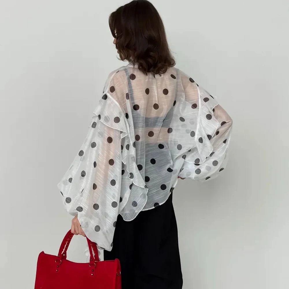 Ticketsx Polka Dot Ruffled Shirts Fashion Contrast Lace Up See Through