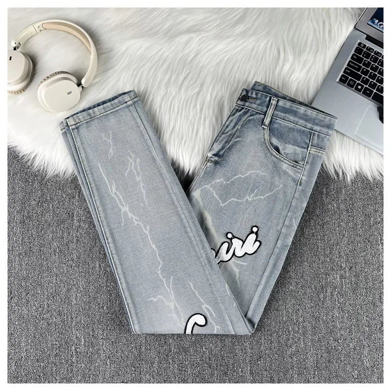 2025 Men Jeans Male Slim High Elasticity Star Embroidery Stretch Mid