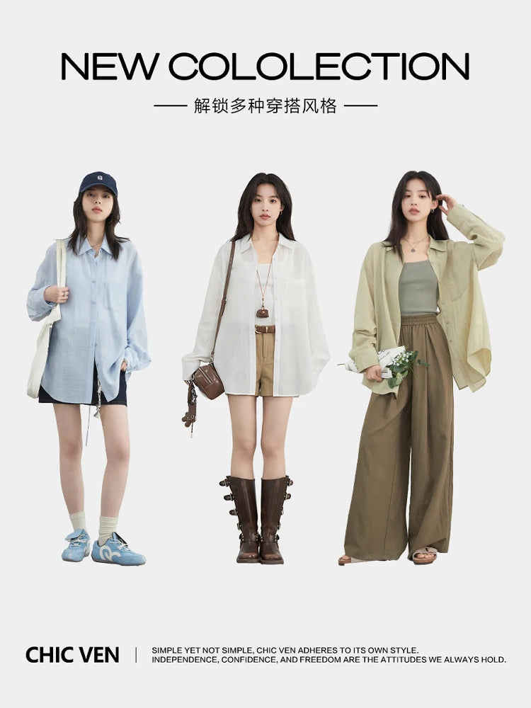 CHIC VEN Women Long Sleeve Shirts Solid Loose Casual New Style Design