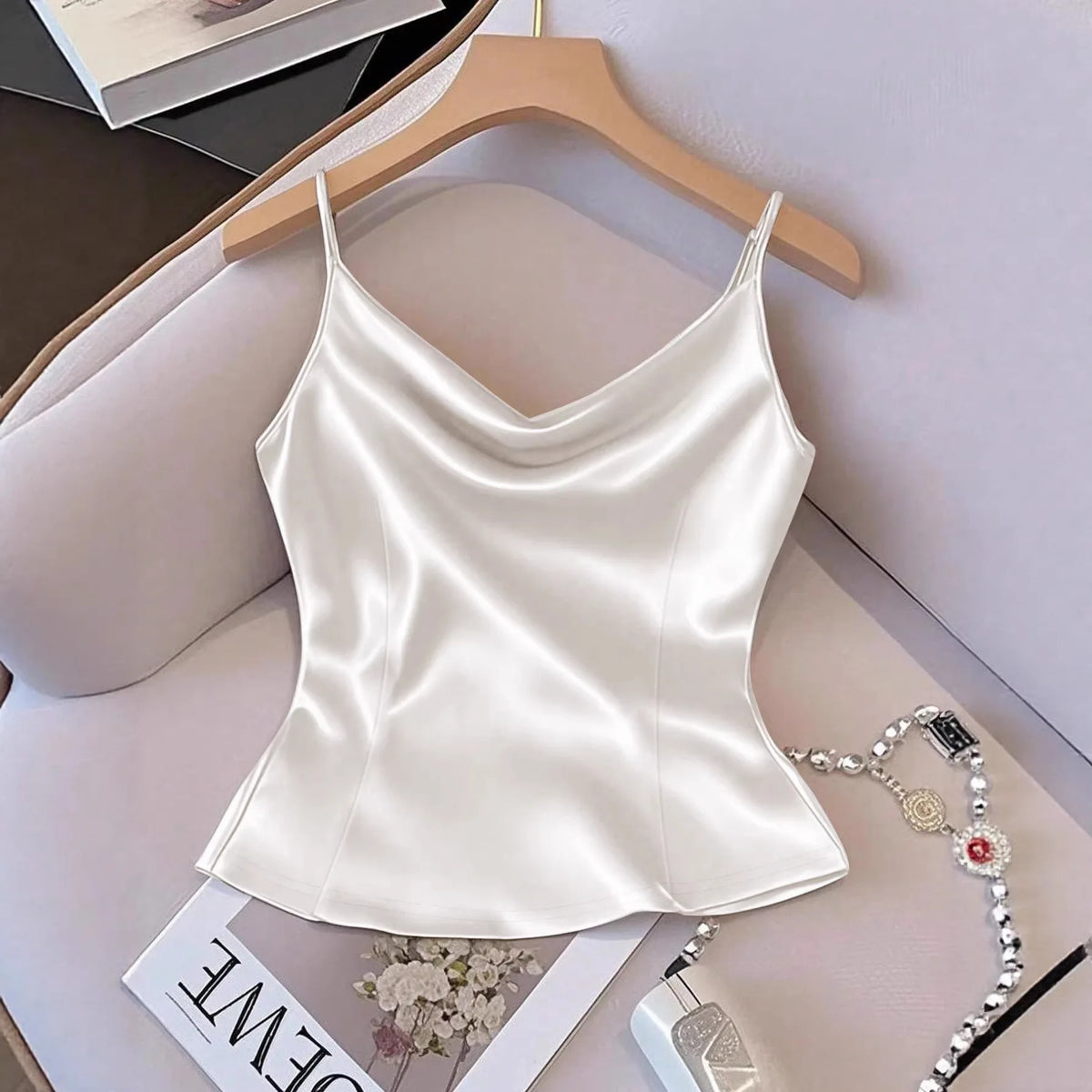 Basic Satin Tank Tops 2026 Summer Women Strap V Neck Basic Slim Waist
