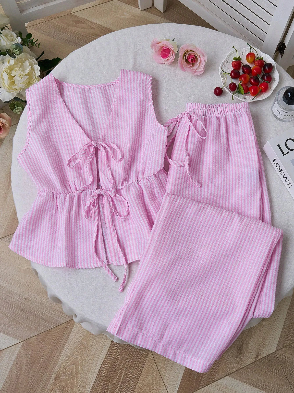 2026 Summer Two Piece Set Women Striped V Neck Lace Up Sleeveless