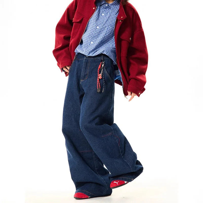 New Korean Retro Blue Straight Leg Jeans Casual Loose Wide Leg Pants
