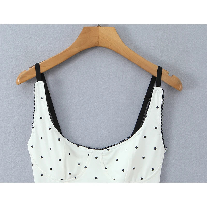 YENKYE Women's White Black Polka Dot  Crop Top Lace Trim Sleeveless