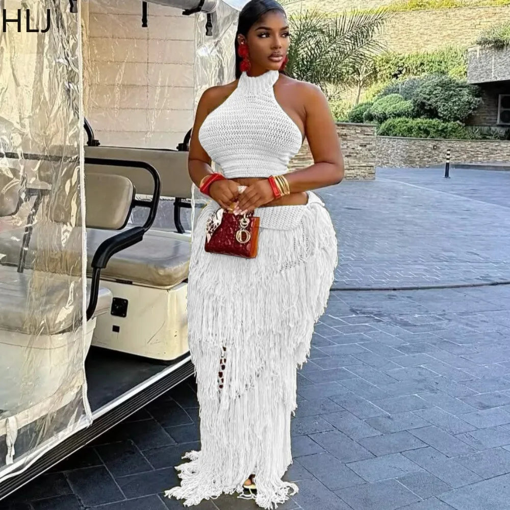 HLJ Casual Tassel Patchwork 2 Pieces Set for Woman Solid Color Halter