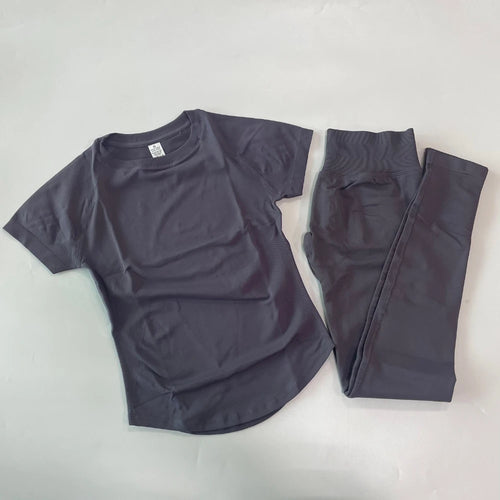 2 Piece Leggings Set Women Longline Short Sleeve Gym Crop Top High