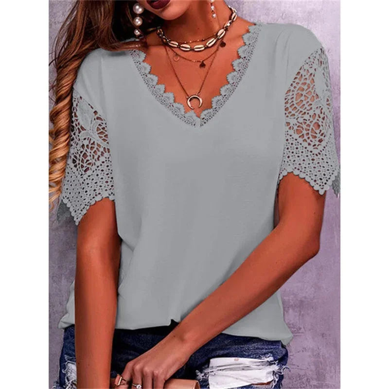 Spring Summer Women Shirts Elegant Hollow Out Lace Short Sleeve V-neck