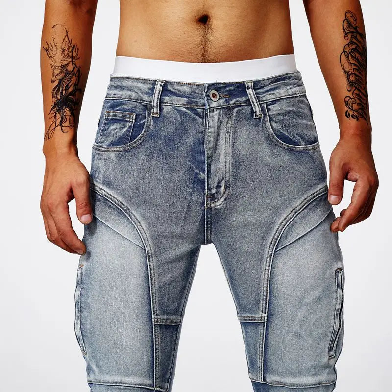 Two tone distressed patchwork jeans for men trendy jeans for summer