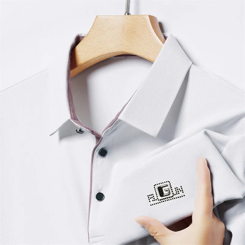 New Men's Business Casual Short Sleeved Shirt with Badge Solid Color