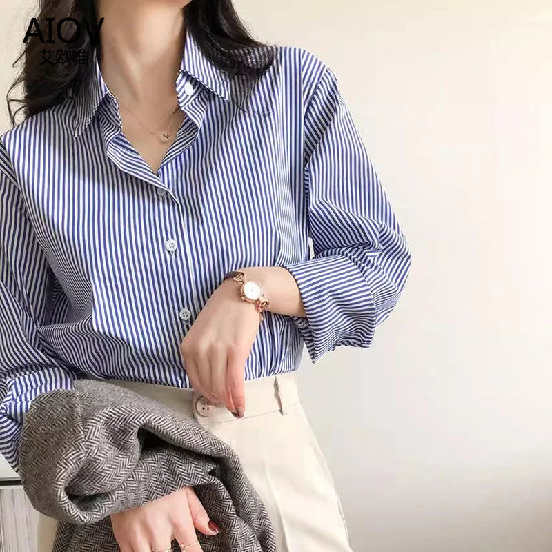 Classic Striped Woman Spring Autumn Blouses Shirt Lady Long Lantern