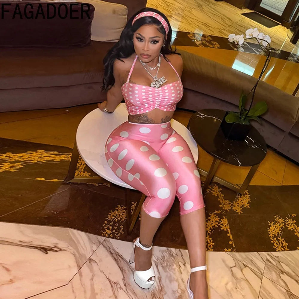 FAGADOER Cute Pink Polka Dot Shorts Two Piece Sets Fashion Lace-up