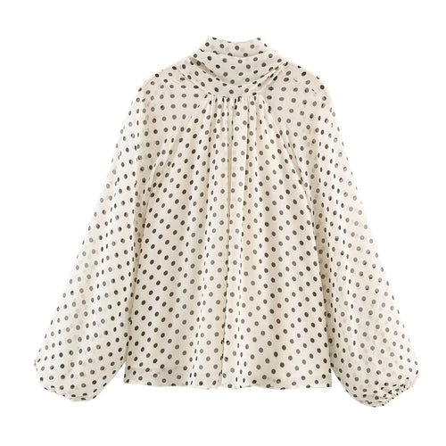 Women Polka Dot Print Blouse Casual High Collar Long Sleeve Lady Top