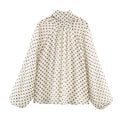 Women Polka Dot Print Blouse Casual High Collar Long Sleeve Lady Top