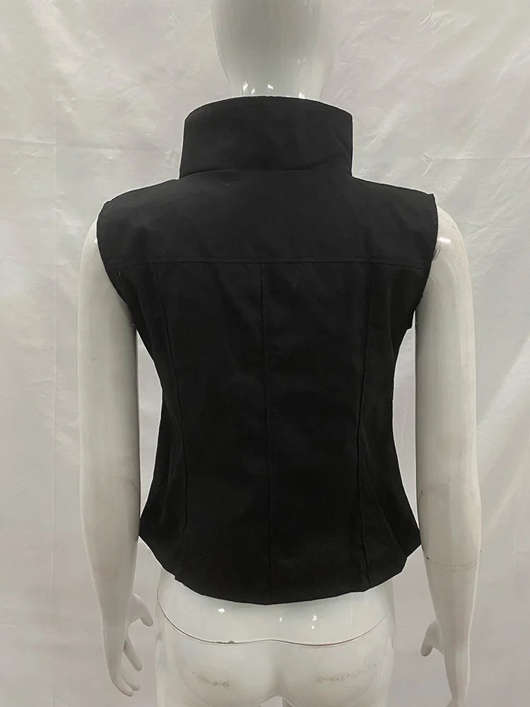 Summer Black Women's Casual Vest Stand Collar Sleeveless Diagonal