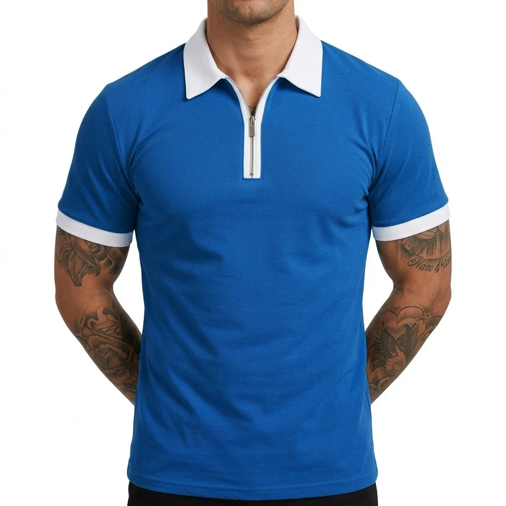 Summer Men's Zipper Short Sleeve Polo Shirts Casual Color Block