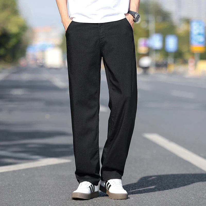 Brand Clothing Summer Thin Lyocell Fabric Black Men's Jeans Loose