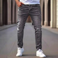 Men's American Retro Hole-Punched Stretch Slim Fit Jeans Zipper Casual