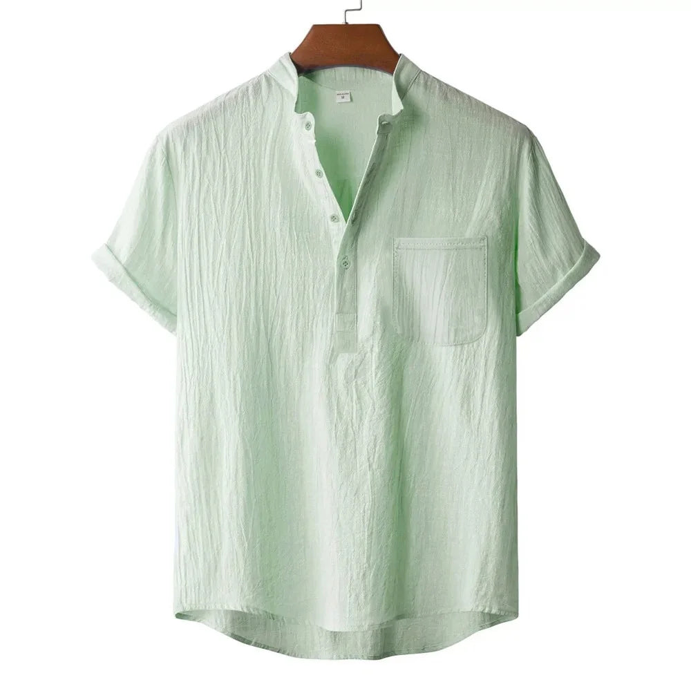 Men's Summer Cotton Linen T-shirt Beach Style Short SLeeve Henley Neck