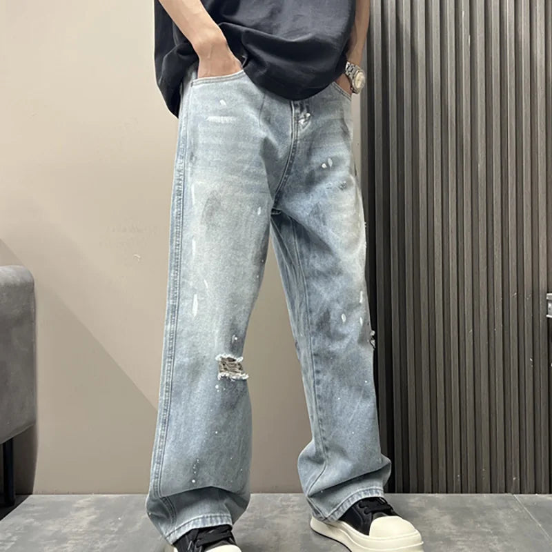 Korean Men'S Splashed Ink Jeans Casual Loose High Street Summer Ripped