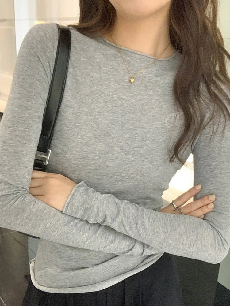 2024 Spring Autumn T shirt Women Tops Solid Slim Fit Long Sleeve O