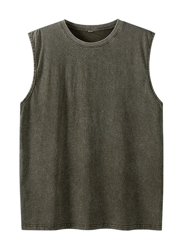 Men's Washed Sleeveless Tank Top 230G Heavyweight 100% Cotton Vintage